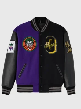 Batman X The Joker Split Varsity Jacket front view highlighting professional wool finish and luxury rib-knitted cuffs.
