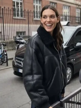 Charlotte Cardin Oversized Leather Jacket featuring professional grade real leather and a luxury zipper closure.