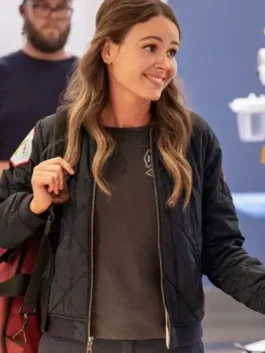 Chicago Med Lizzy Novak Quilted Jacket in professional black polyester with a luxury athletic ribbed collar.