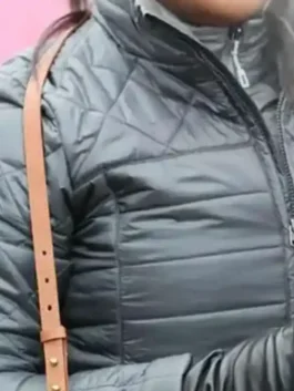 Chicago Med Maggie Lockwood Black Puffer Jacket in professional parachute fabric with a luxury stand up collar.