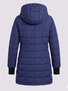 Chicago Med S10 Jessy Schram Puffer Coat back view highlighting professional panels and luxury blue drape.