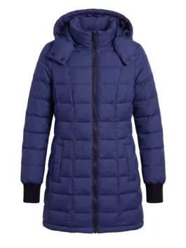 Chicago Med S10 Jessy Schram Puffer Coat in professional blue parachute with a luxury detachable hooded collar.