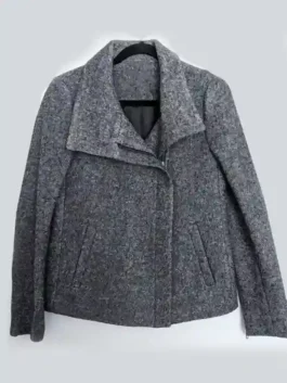 Chicago Med S10 Rachel Nicks Grey Jacket front view showcasing professional zipper cuffs and a luxury lapel.