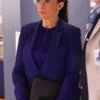 Chicago Med S10 Sharon Goodwin Blue Blazer showcasing professional open hem cuffs and a luxury blue suiting drape.
