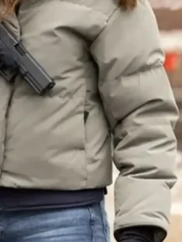 Chicago Med S11 Kim Burgess Puffer Jacket in professional grey parachute fabric with a luxury insulated finish.