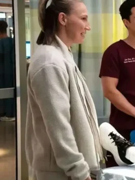 Chicago Med S11 Courtney Vandersloot Sherpa Jacket featuring professional grade stitching and a luxury white drape.