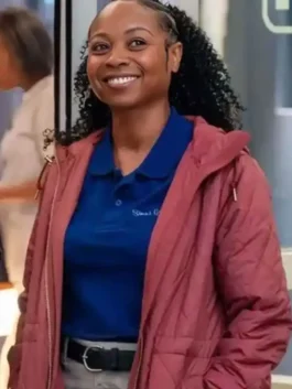 Chicago Med S11 Tamika Jenkins Quilted Jacket showcasing professional pockets and a luxury hooded drape.
