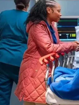 Chicago Med S11 Tamika Jenkins Quilted Jacket side view in maroon parachute fabric with a luxury hooded collar.