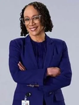 Chicago Med S10 Sharon Goodwin Blue Blazer in professional suiting fabric with a luxury lapel style and soft lining.