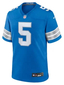 David Montgomery Detroit Lions Jersey showcasing professional blue fabric and luxury striped short sleeves.