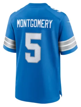 David Montgomery Detroit Lions Jersey blue back view with professional grade stitching and luxury player details.