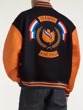 Denham Team NL Varsity Jacket featuring professional grade stitching and a luxury buttoned closure in iconic orange.