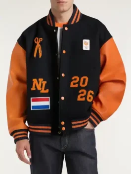 Denham Team NL Varsity Jacket showcasing professional black wool and luxury orange leather sleeve texture.
