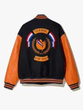Denham Team NL Varsity Jacket back view highlighting the professional panels and luxury wool and leather mix.