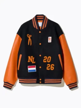 Denham Team NL Varsity Jacket front view with professional pockets and a luxury rib knitted collar.