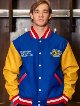 Edmonton Oil Kings Royal Letterman Jacket in blue and yellow with professional leather sleeves and a sturdy fit.