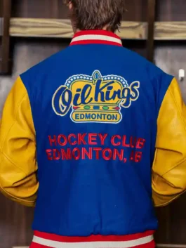 Edmonton Oil Kings Royal Letterman Jacket back view highlighting the professional panels and luxury viscose lining.