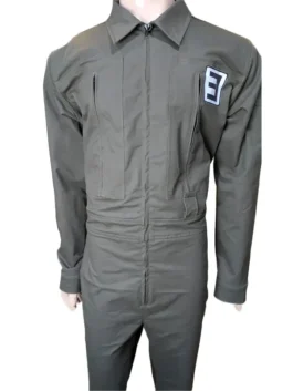 Eminem Tobey Jumpsuit front view featuring a professional shirt style collar and luxury industrial zipper.