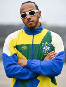 Lewis Hamilton Brazil Track Jacket featuring professional multicolor panels and a luxury front zipper closure.