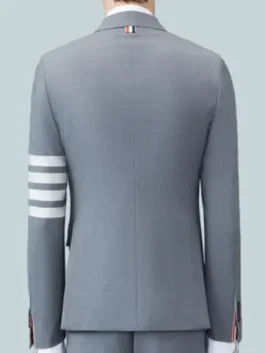 Gunther Forst The Beauty Stripe Blazer back view highlighting professional grey panels and luxury suiting grain.