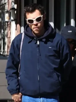 Harry Styles Prada Cotton Jacket featuring professional blue panels and a luxury buttoned closure.