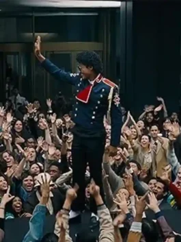 Michael Jaafar Jackson Navy Jacket featuring professional blue panels and a luxury stand up collar.