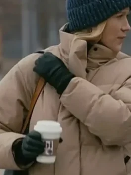 Jessy Schram Chicago Med S10 Puffer Jacket featuring professional grade stitching and a luxury beige finish.