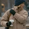 Jessy Schram Chicago Med S10 Puffer Jacket in a professional beige finish with a sturdy zipper and luxury feel.