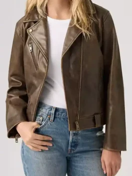 Levi's Brown Genuine Leather Moto Jacket in a professional finish with luxury zipper cuffs and fit.