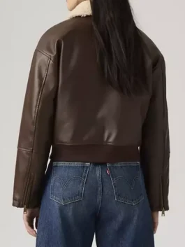 Levi's Faux Leather Bomber Jacket With Sherpa Collar back view featuring professional brown panels and luxury rib knit.