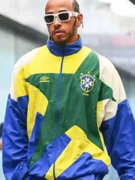 Lewis Hamilton Brazil Track Jacket showcasing professional parachute grain and luxury full length sleeves.