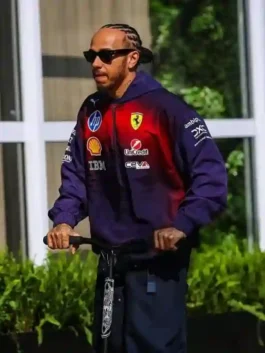 Lewis Hamilton F1 Grand Prix 2026 Racing Jacket featuring professional purple panels and luxury pullover closure.