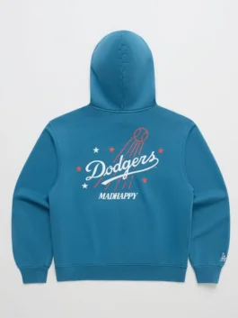 Madhappy Dodgers Stars Fleece Hoodie front view with professional blue finish and a luxury kangaroo pouch.