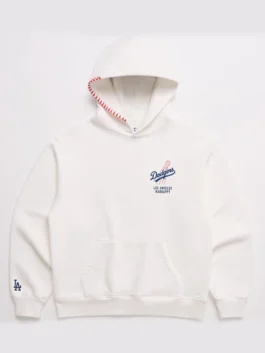 Madhappy x MLB Dodgers White Hoodie front view highlighting professional white fabric and luxury kangaroo pocket.