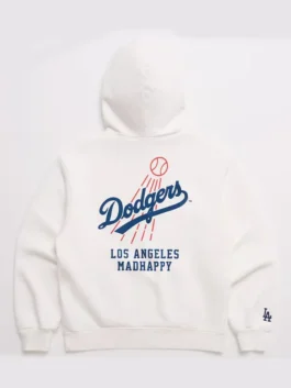 Madhappy x MLB Dodgers White Hoodie back view in professional white heavyweight fleece with luxury rib-knitted cuffs.