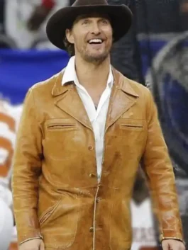 Matthew McConaughey Leather Jacket featuring professional brown panels and a luxury button closure.