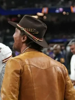 Matthew McConaughey Leather Jacket back view highlighting professional brown fabric and luxury full length sleeves.