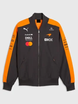 Mclaren F1 Puma 2026 Team Bomber Jacket featuring professional orange panels and luxury zipper closure.
