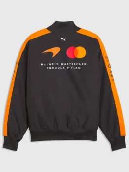 Mclaren F1 Puma 2026 Team Bomber Jacket back view highlighting professional polyester grain and luxury rib cuffs.
