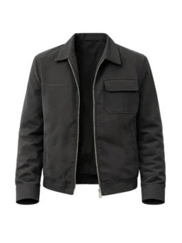 Memory of a Killer Angelo Doyle Black Jacket front view highlighting professional black panels and luxury zipper style.