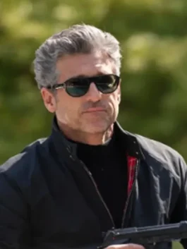 Memory of a Killer Angelo Doyle Jacket in professional blue cotton fabric with a luxury stand up buttoned collar.