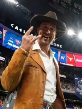 Matthew McConaughey Leather Jacket in professional brown finish with luxury round cuffs and buttoned style.