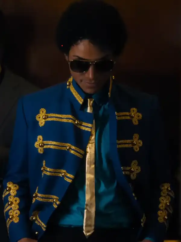 Michael Jaafar Jackson Blue Jacket featuring professional blue panels and a luxury buttoned closure.