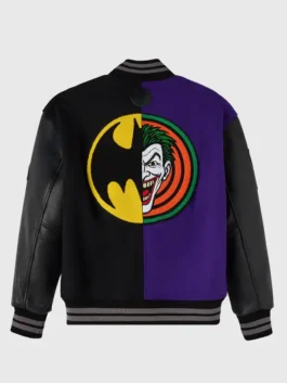 Batman X The Joker Split Varsity Jacket back view highlighting professional split panels and luxury rib-knitted collar.