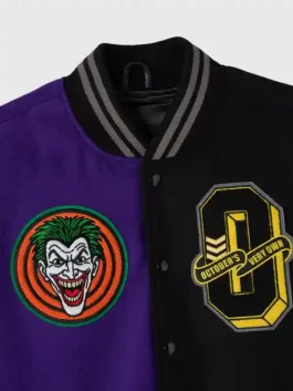 Batman X The Joker Split Varsity Jacket featuring professional black and purple finish with luxury snap buttons.