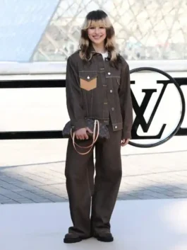 Paris Fashion Week 2026 Alysa Liu Jacket in professional brown denim with luxury leather accented pockets.