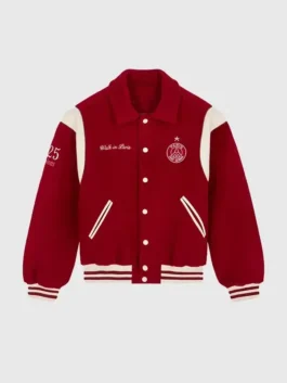 Paris Saint-Germain Walk in Paris Varsity Jacket front view with professional pockets and luxury viscose lining.