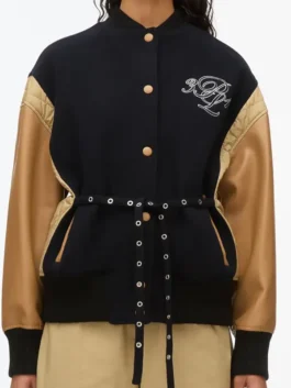 Phillip Lim X Shopbop Boxy Varsity Jacket showcasing professional black panels and luxury gold leather grain.