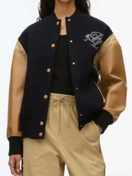Phillip Lim X Shopbop Boxy Varsity Jacket front view featuring professional snap button closure and luxury cuffs.