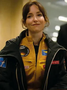 Project Hail Mary Milana Vayntrub Jacket in professional black parachute with a luxury hooded collar.